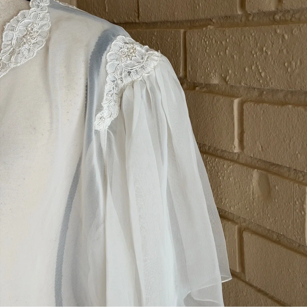 Etienne Vintage Sheer CHIFFON Babydoll Pearls LACE Frilly Wedding Robe 60’s L